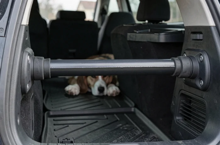 Gros plan d'une barre anti écrasement télescopique pour chien montée dans le coffre d'un break avec chien visible derrière