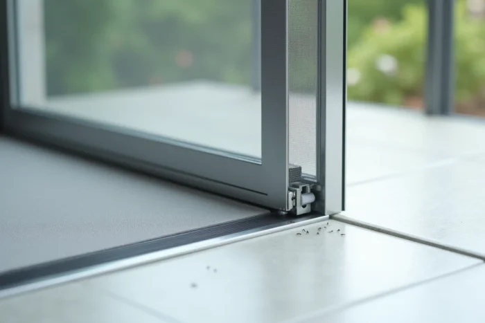 Détail du rail et du mécanisme coulissant d'une moustiquaire pour baie vitrée avec protection anti-insectes visible