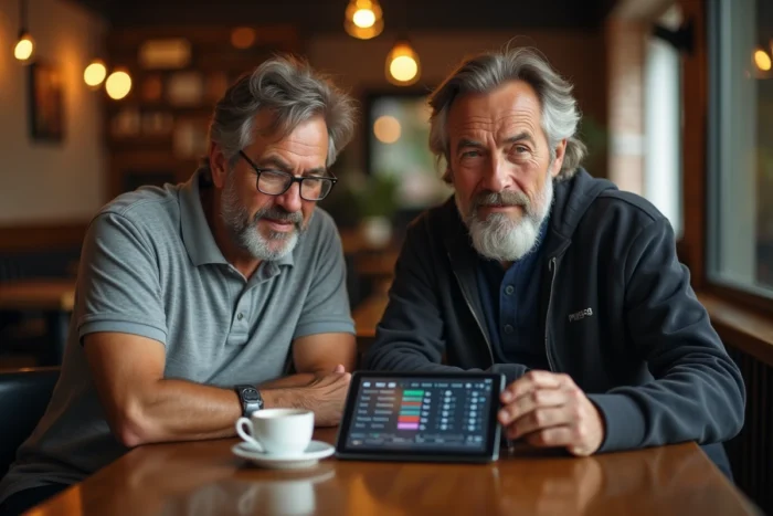 Deux hommes consultent ensemble des statistiques officielles de course de trot sur une tablette numérique dans un café urbain