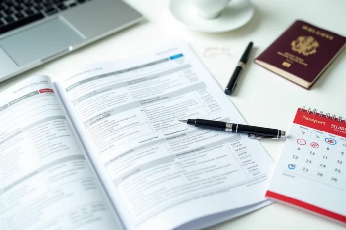 Vue de dessus des documents nécessaires pour une demande de visa belge incluant formulaire, passeport et calendrier des délais