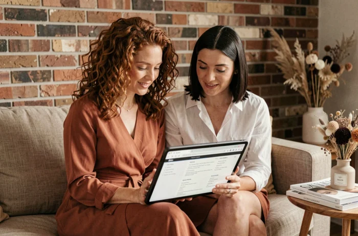 Deux femmes consultant ensemble un plan de site beauté sur une tablette dans un appartement cosy
