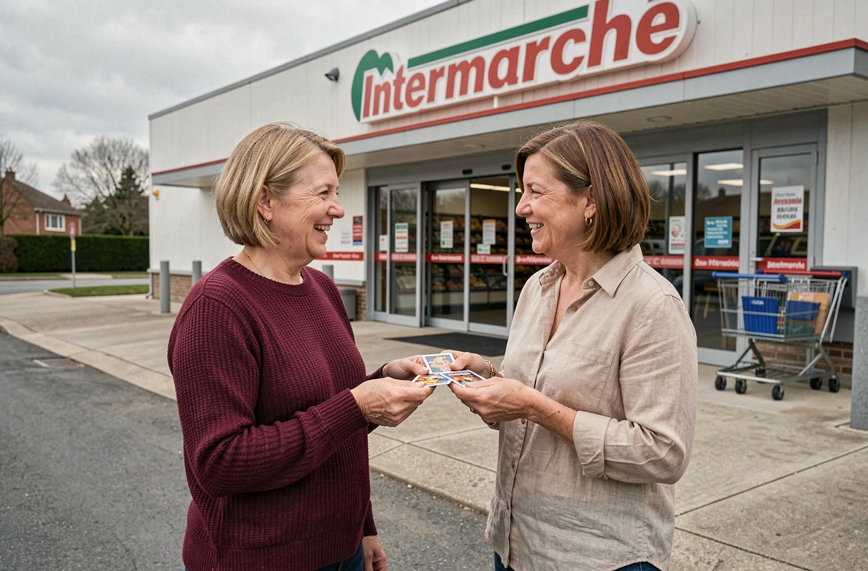 Deux femmes échangeant des vignettes Armor Lux en double devant un supermarché Intermarché