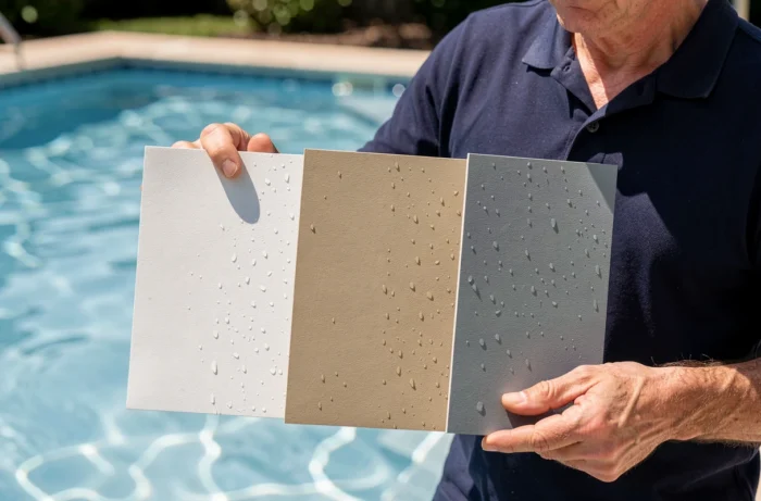 Spécialiste piscine comparant des échantillons de couleurs de coques blanc, beige et gris ardoise au bord d'une piscine