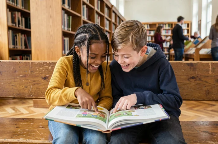 Deux enfants riant ensemble en lisant un livre illustré sur un banc dans une bibliothèque publique lumineuse