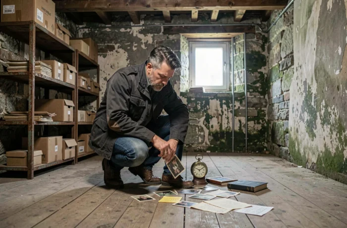 Homme examinant des objets anciens dans une cave sombre lors d'une enquête sur des phénomènes paranormaux à domicile