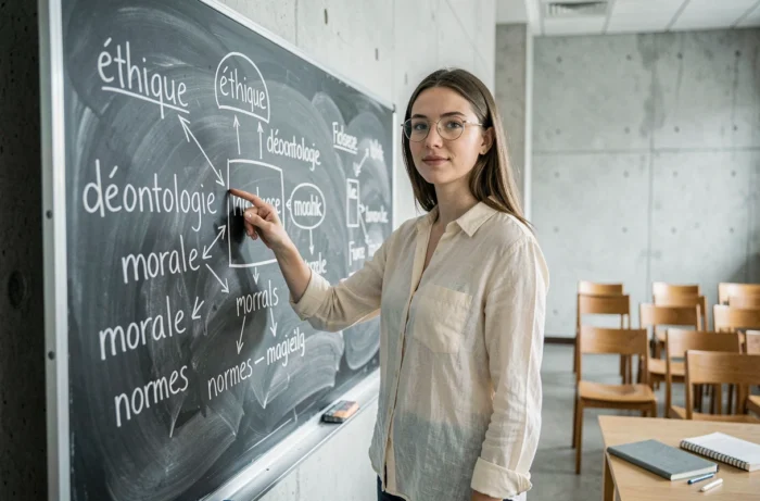 Enseignante expliquant les définitions de l'éthique et de la déontologie devant un tableau noir