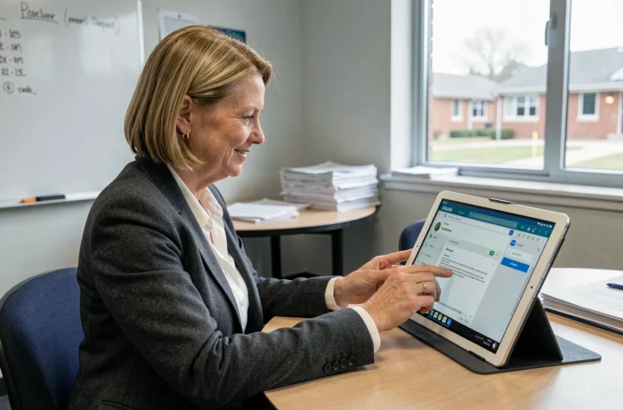 Enseignante accédant au webmail académique Normandie sur une tablette dans une salle des professeurs
