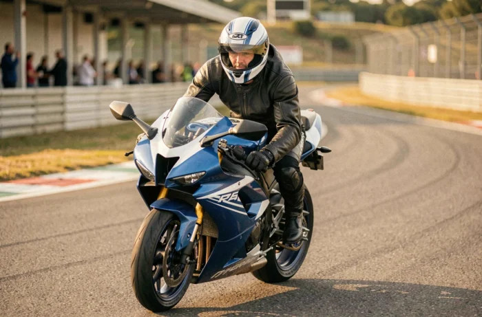 Journaliste moto testant la Yamaha R9 sur circuit lors d'un essai presse officiel