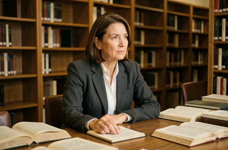 Femme philosophe réfléchissant aux concepts d'éthique et de déontologie dans une bibliothèque universitaire