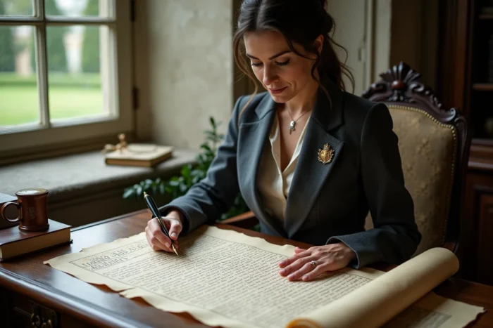 Femme élégante étudiant un parchemin généalogique nobiliaire dans un bureau historique avec vue sur jardin à la française