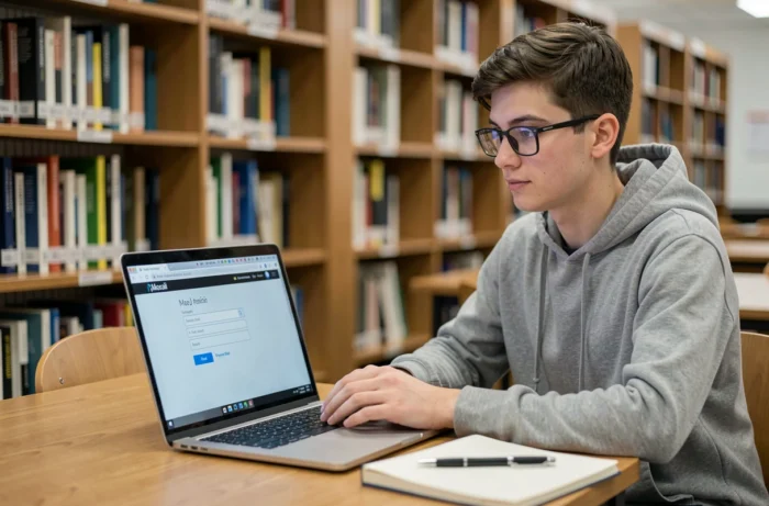Étudiant consultant sa messagerie académique de Lyon depuis un ordinateur portable à la bibliothèque universitaire