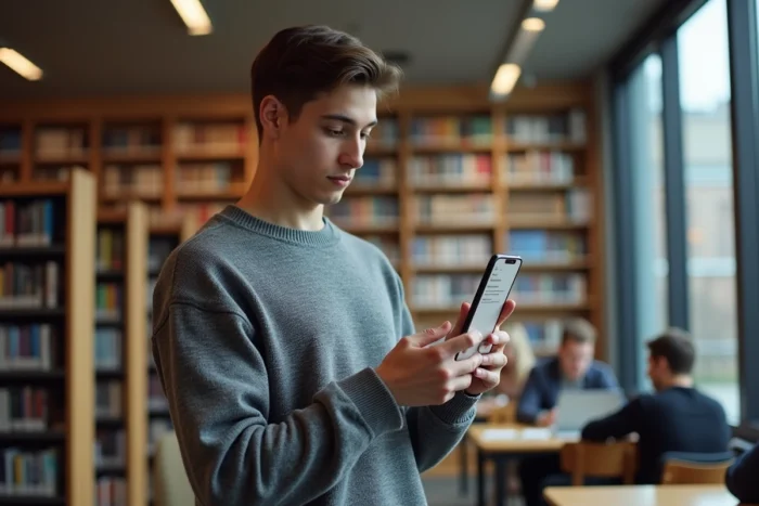 Étudiant paramétrant son adresse mail de l'Université de Strasbourg sur iPhone dans une bibliothèque universitaire