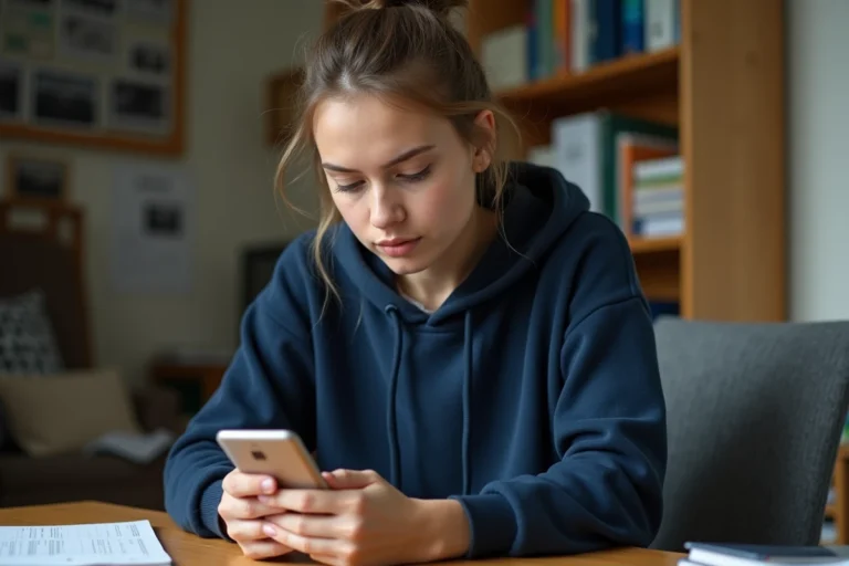 Étudiante configurant son mail universitaire de Strasbourg sur un smartphone Android dans sa chambre universitaire