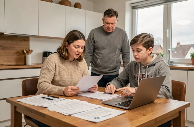 Famille belge consultant des documents sur les allocations familiales autour d'une table de cuisine