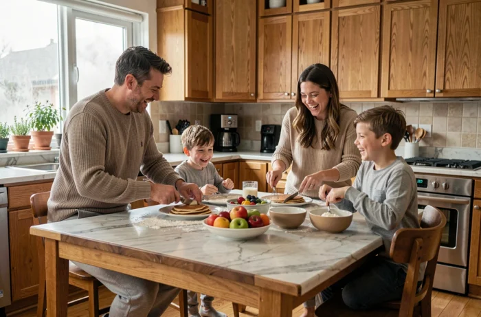 Famille heureuse préparant des pancakes ensemble dans une cuisine chaleureuse un dimanche matin