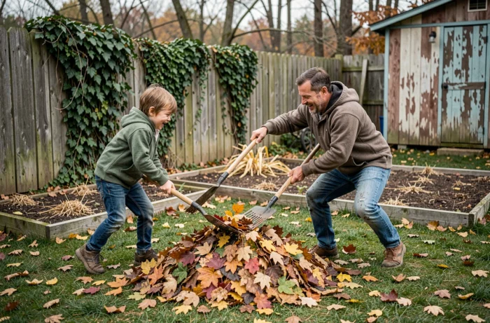 Père et enfants jouant dans les feuilles mortes dans un jardin en automne