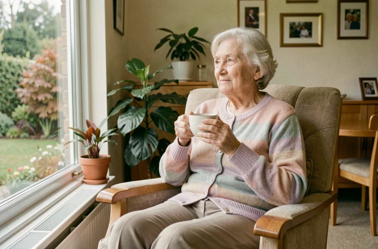 Une femme âgée assise dans un fauteuil confortable dans une maison de repos belge, tenant une tasse de thé et regardant par la fenêtre avec sérénité