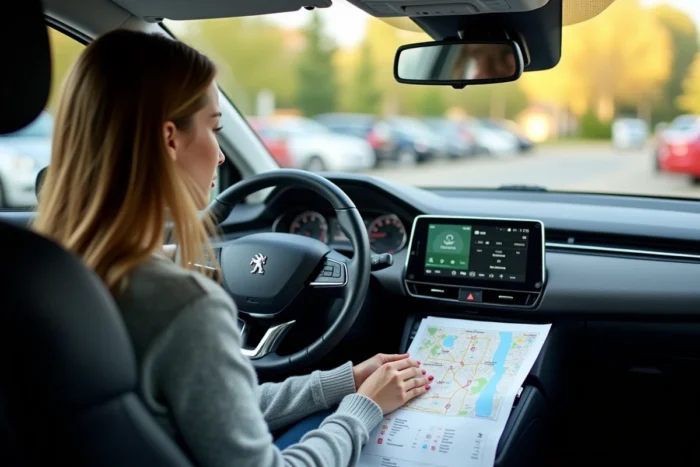 Femme utilisant Android Auto installé sur autoradio Peugeot avec schéma de branchement couleur des fils posé sur le siège
