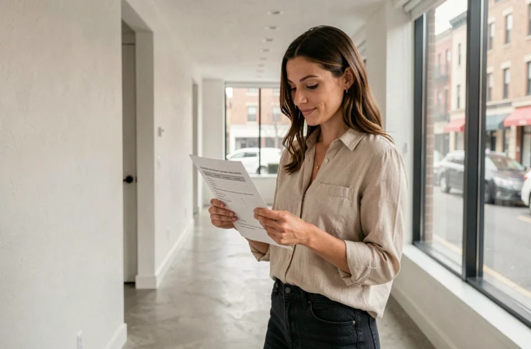 Femme consultant une annonce de location immobilière dans un appartement moderne et lumineux