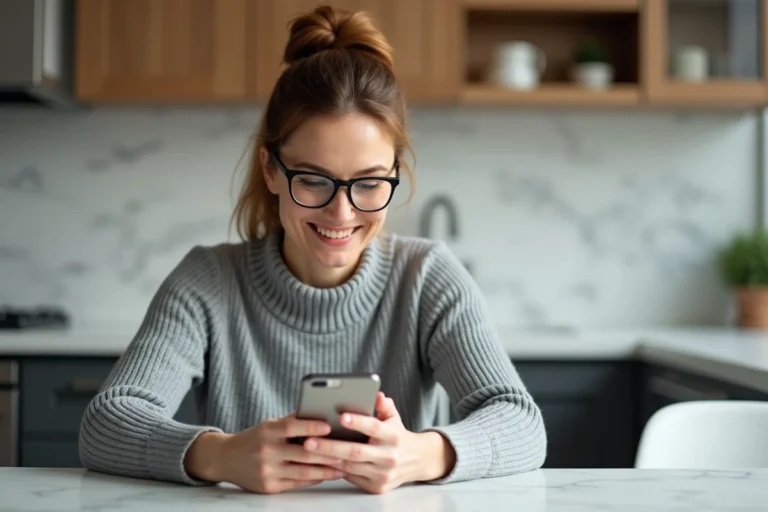 Femme de 45 ans consultant une application de santé pour diabétiques sur son smartphone dans une cuisine moderne