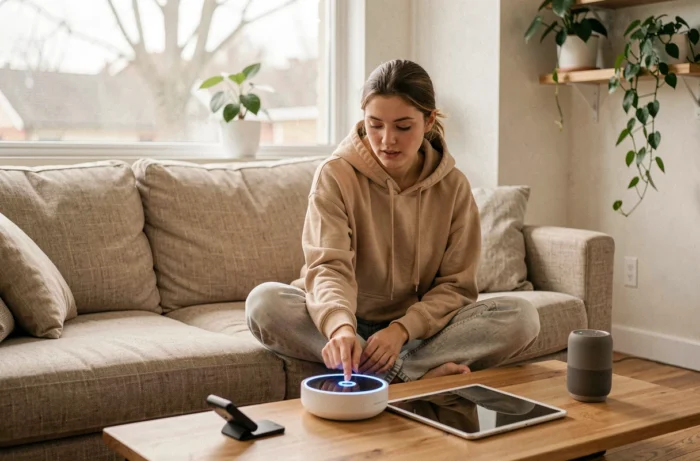 Jeune femme interagissant avec un assistant vocal et des appareils connectés dans un salon moderne, tendances domotique 2024