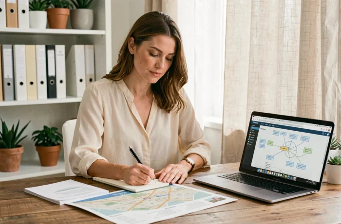 Femme consultant la carte d'un site web et un plan de lieu pour organiser un mariage sans stress à son bureau
