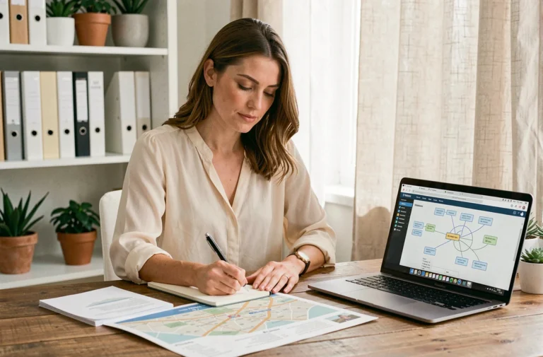 Femme consultant la carte d'un site web et un plan de lieu pour organiser un mariage sans stress à son bureau