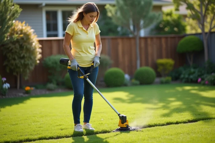 Femme utilisant une coupe-bordure électrique pour délimiter les bords d'une pelouse de jardin résidentiel