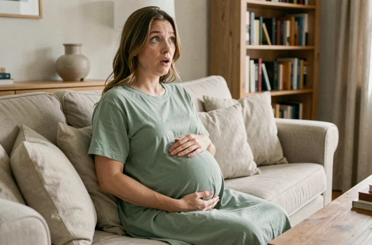 Femme enceinte au troisième trimestre assise sur un canapé, main posée sur le ventre, expression légèrement surprise illustrant le sursaut pendant la grossesse
