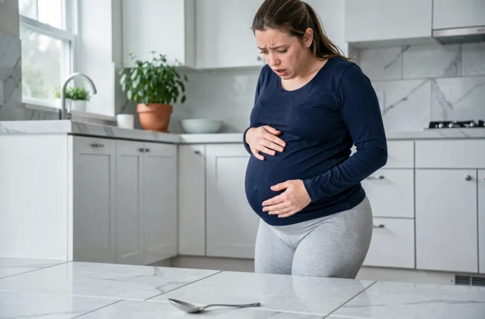 Femme enceinte dans la cuisine sursautant après avoir fait tomber une cuillère, mains protégeant instinctivement le ventre, illustrant les réflexes de sursaut en grossesse