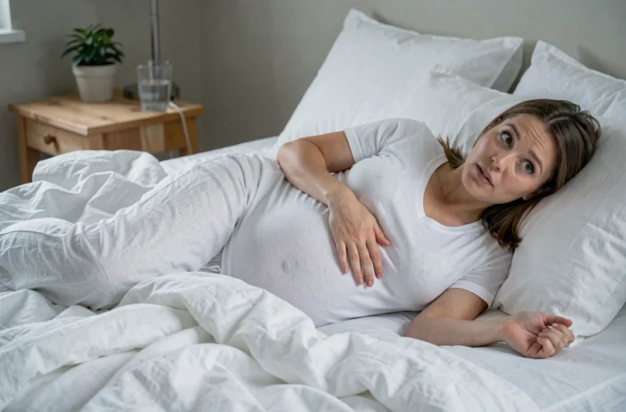 Femme enceinte allongée dans sa chambre, réveillée en sursaut, main sur le ventre, représentant les sursauts nocturnes durant la grossesse