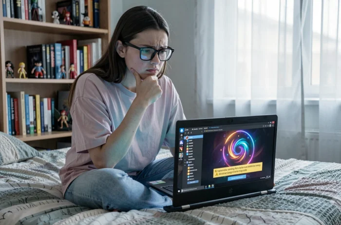 Jeune femme gamer perplexe face à un bug de connexion sur League of Legends