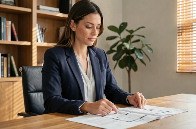 Femme investisseuse immobilière étudiant des documents et plans dans un bureau moderne et chaleureux