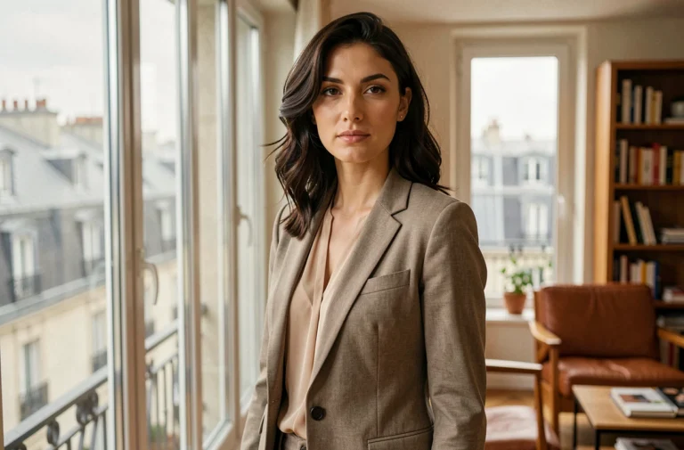 Portrait élégant d'une femme journaliste française dans un appartement parisien moderne