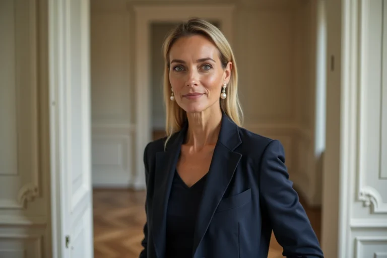 Portrait élégant d'une femme journaliste dans un appartement parisien classique, évoquant la vie privée et le cadre familial