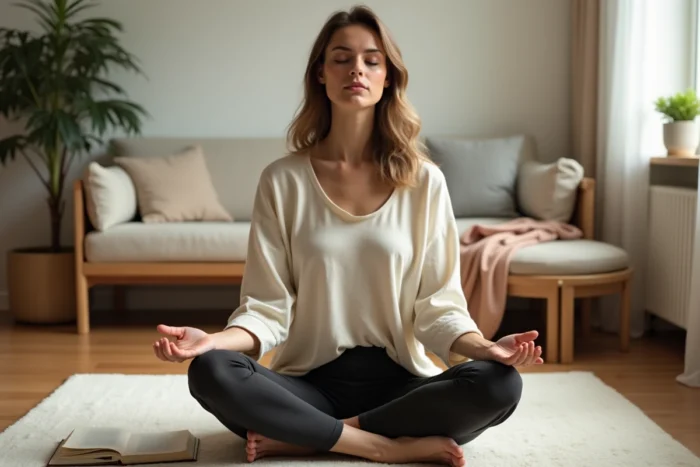 Femme méditant en position assise sur un plancher en bois dans un salon minimaliste, pratiquant la reprogrammation du subconscient