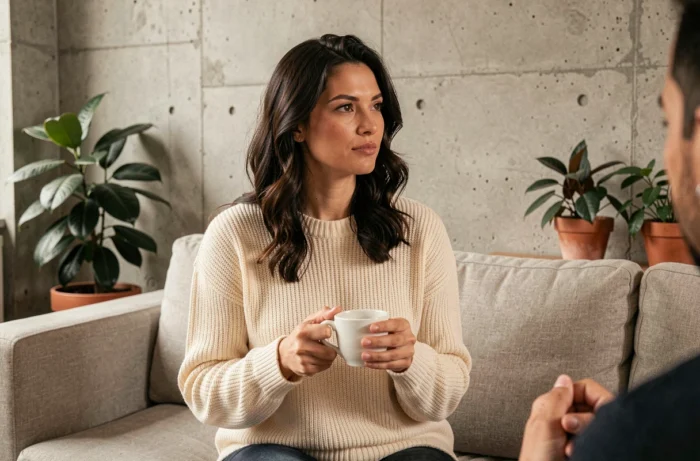 Femme souriante en pull crème dans un salon contemporain partageant un moment intime en couple