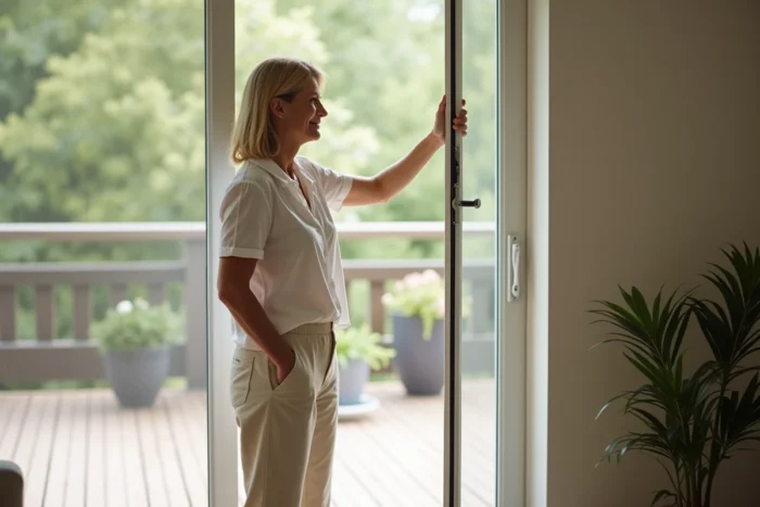 Femme utilisant une moustiquaire coulissante sur une baie vitrée donnant sur une terrasse ensoleillée avec plantes vertes