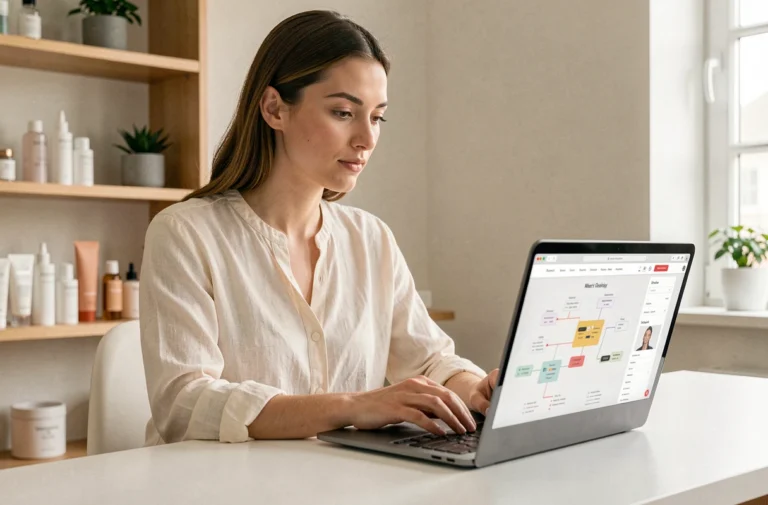 Femme explorant un plan de site beauté sur son ordinateur portable dans un bureau minimaliste scandinave