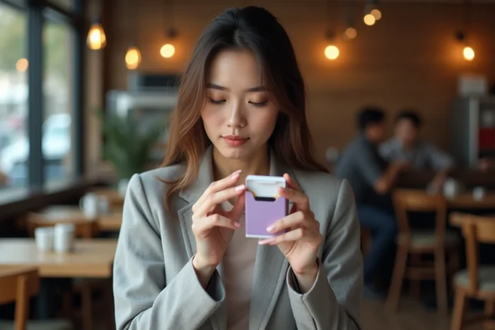 Jeune femme tenant un paquet de Vogue Lilas dans un café moderne et l'examinant attentivement