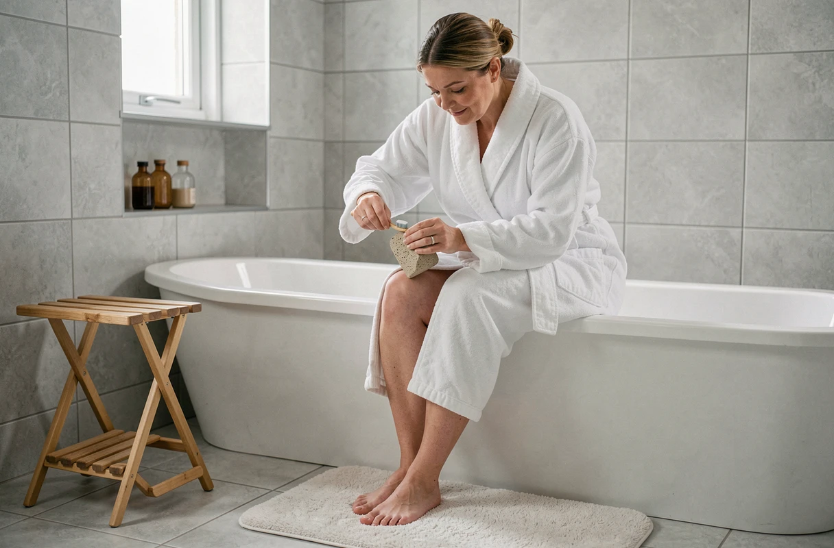 Femme en peignoir nettoyant une pierre ponce avec une vieille brosse à dents assise au bord d'une baignoire