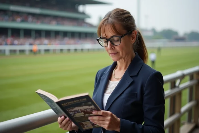 Une femme examine un programme de course de trot hippique sur un hippodrome avec la piste et les rails en arrière-plan flou