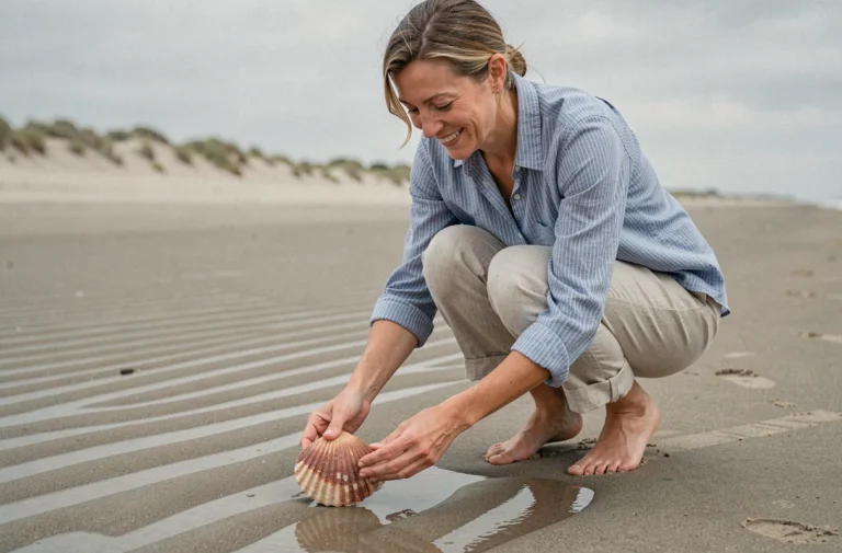 Femme ramassant un coquillage sur une plage des Landes lors d'une marée basse