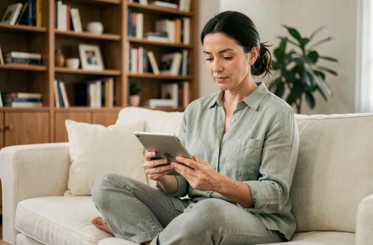 Femme consultant des ressources santé en ligne sur une tablette dans un salon confortable