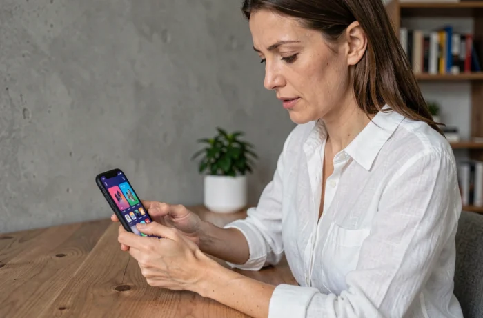 Femme utilisant un smartphone pliable dans un bureau moderne, illustration des innovations high-tech en 2024