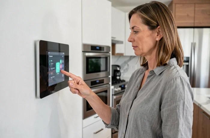 Femme utilisant une tablette pour contrôler les appareils domotiques de sa cuisine intelligente