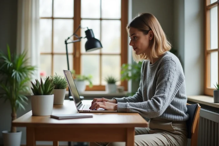 Femme en télétravail à son bureau à domicile bien organisé, alliant concentration professionnelle et confort personnel