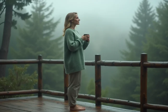 Femme debout sur une terrasse en bois face à une forêt brumeuse, tenant un café chaud dans une attitude de pleine conscience et de transformation personnelle