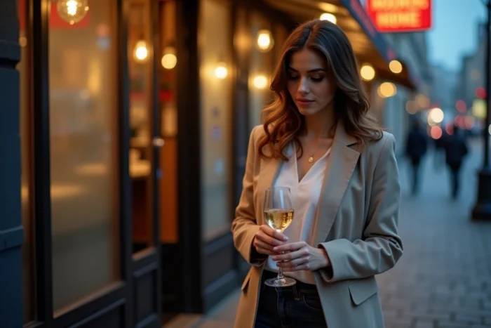 Jeune femme tenant un verre de vin blanc devant un restaurant, symbolisant la question de la consommation d'alcool responsable et du taux d'alcool dans le sang