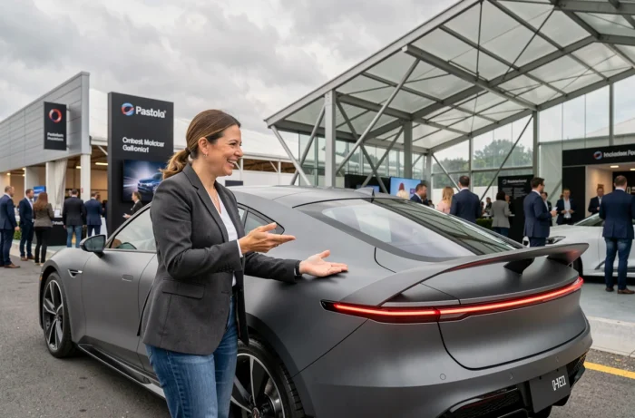 Femme présentant une voiture concept futuriste lors d'un salon automobile en plein air en 2024